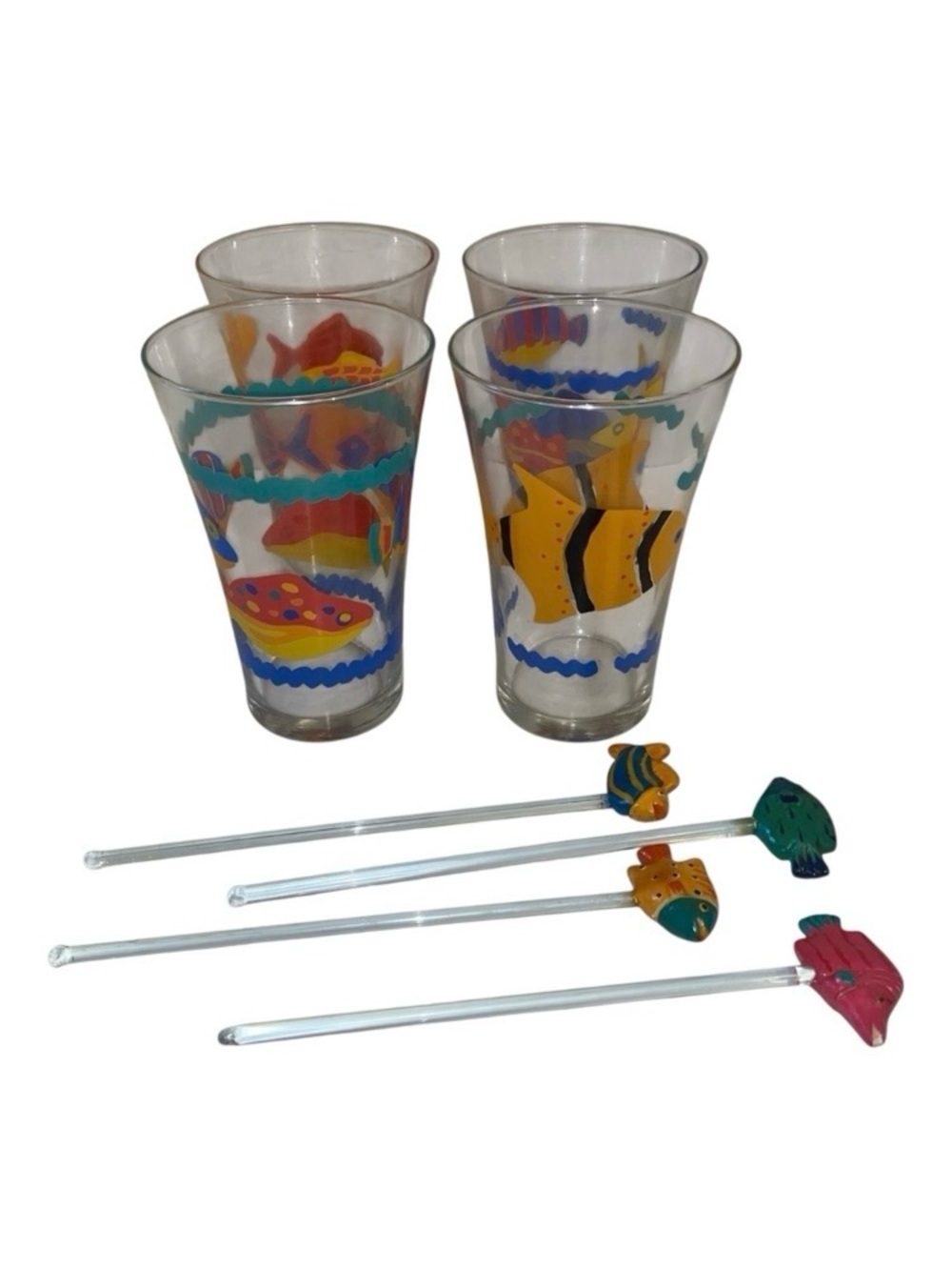 4 Vintage LIBBEY Tropical Fish Glasses Flared Rim Tumblers with Swizzle Sticks